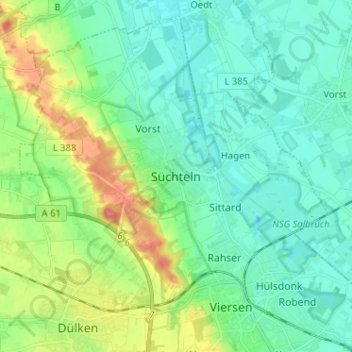 Mappa topografica Süchteln, altitudine, rilievo