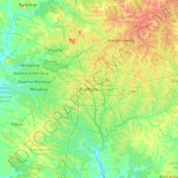 Mappa topografica Kumasi, altitudine, rilievo