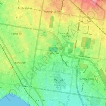 Mappa topografica Heatherton, altitudine, rilievo