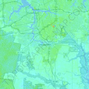 Mappa topografica Chesapeake, altitudine, rilievo