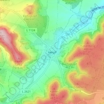 Mappa topografica Herpf, altitudine, rilievo