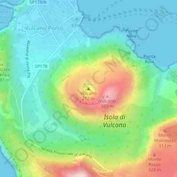 Mappa topografica Vulcano, altitudine, rilievo