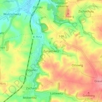 Mappa topografica Zunschwitz, altitudine, rilievo