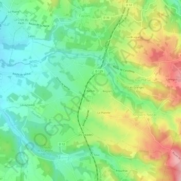 Mappa topografica Auniac, altitudine, rilievo