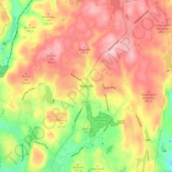 Mappa topografica Wolcott, altitudine, rilievo