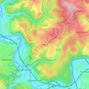 Mappa topografica Hurst, altitudine, rilievo
