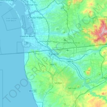 Mappa topografica Tijuana, altitudine, rilievo