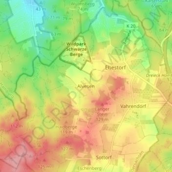 Mappa topografica Alvesen, altitudine, rilievo
