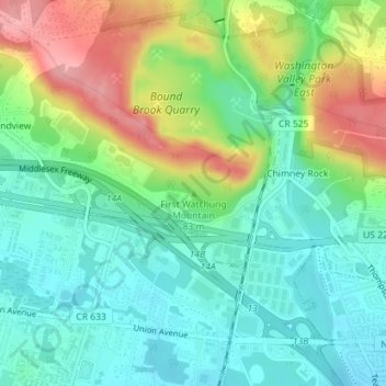 Mappa topografica First Watchung Mountain, altitudine, rilievo