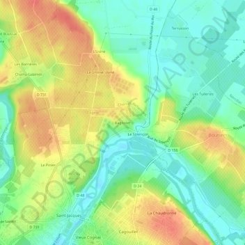 Mappa topografica Bagnolet, altitudine, rilievo