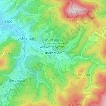 Mappa topografica Oberbeuern, altitudine, rilievo