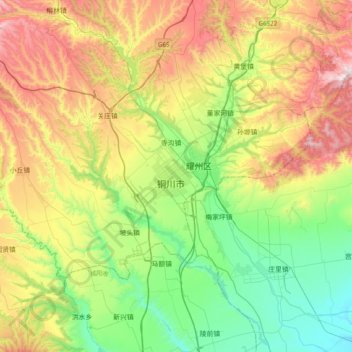 Mappa topografica 铜川市, altitudine, rilievo