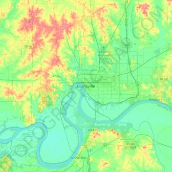 Mappa topografica Evansville, altitudine, rilievo