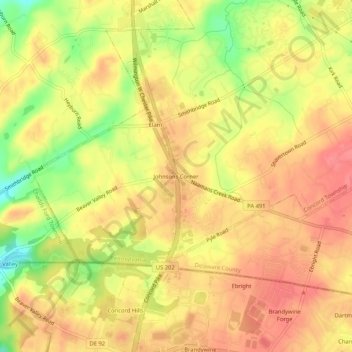 Mappa topografica Johnsons Corner, altitudine, rilievo