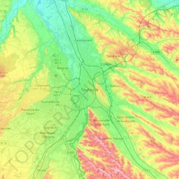 Mappa topografica Toulouse, altitudine, rilievo