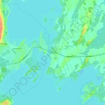 Mappa topografica Atherley, altitudine, rilievo