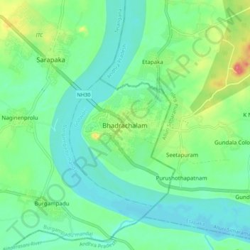 Mappa topografica Bhadrachalam, altitudine, rilievo