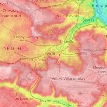 Mappa topografica Viroflay, altitudine, rilievo