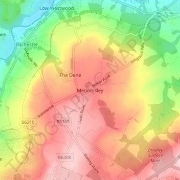 Mappa topografica Medomsley, altitudine, rilievo