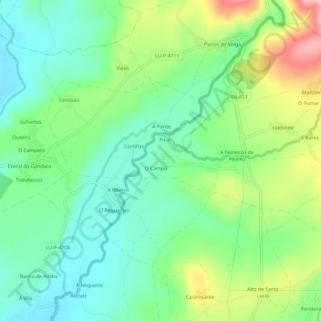 Mappa topografica Outeiro, altitudine, rilievo