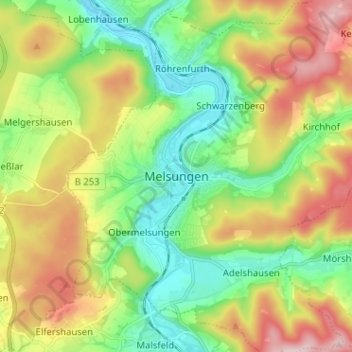 Mappa topografica Melsungen, altitudine, rilievo