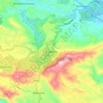 Mappa topografica Elappara, altitudine, rilievo