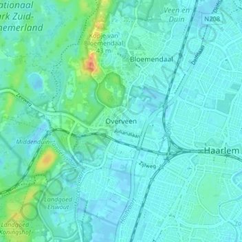 Mappa topografica Overveen, altitudine, rilievo