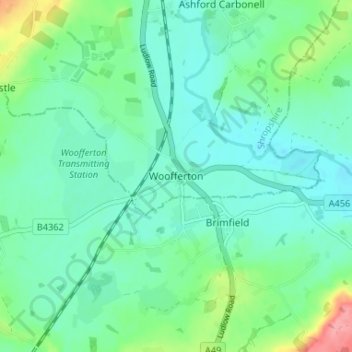 Mappa topografica Woofferton, altitudine, rilievo
