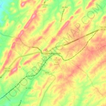 Mappa topografica Jonesborough, altitudine, rilievo