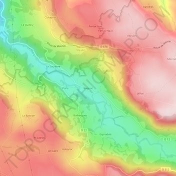 Mappa topografica Bagnac, altitudine, rilievo