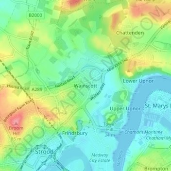 Mappa topografica Wainscott, altitudine, rilievo