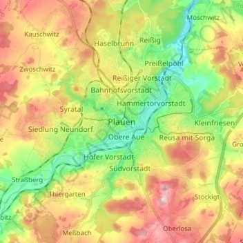 Mappa topografica Plauen, altitudine, rilievo