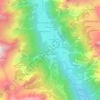 Mappa topografica Obre Biel, altitudine, rilievo