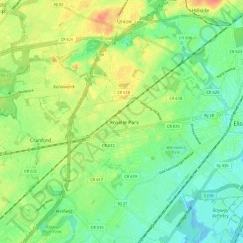 Mappa topografica Roselle Park, altitudine, rilievo