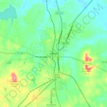 Mappa topografica Gilmer, altitudine, rilievo