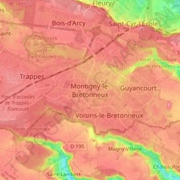 Mappa topografica Montigny-le-Bretonneux, altitudine, rilievo