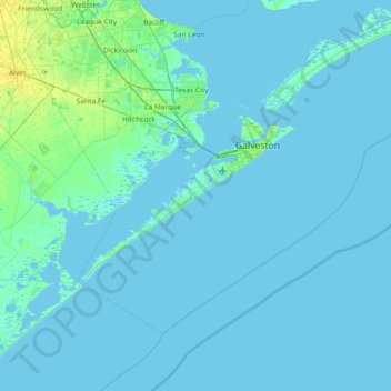 Mappa topografica Galveston Island, altitudine, rilievo