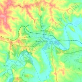 Mappa topografica Union, altitudine, rilievo