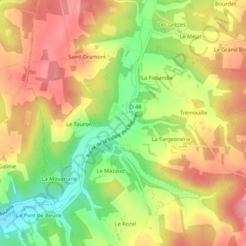 Mappa topografica Pelvezy, altitudine, rilievo