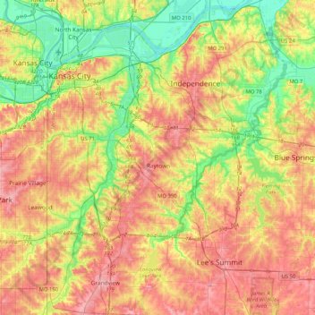 Mappa topografica Raytown, altitudine, rilievo