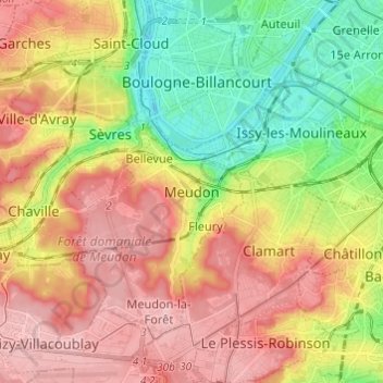 Mappa topografica Meudon, altitudine, rilievo