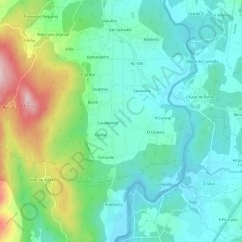 Mappa topografica Romarís, altitudine, rilievo