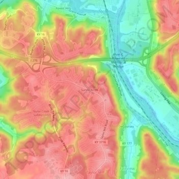 Mappa topografica Sunny Acres, altitudine, rilievo
