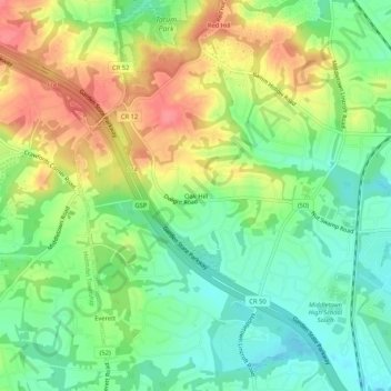 Mappa topografica Oak Hill, altitudine, rilievo
