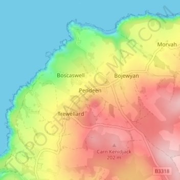 Mappa topografica Pendeen, altitudine, rilievo