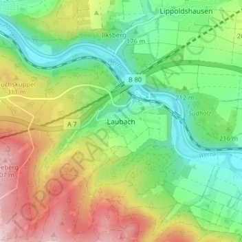 Mappa topografica Laubach, altitudine, rilievo