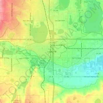 Mappa topografica Loveland, altitudine, rilievo