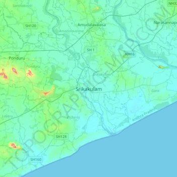 Mappa topografica Srikakulam, altitudine, rilievo
