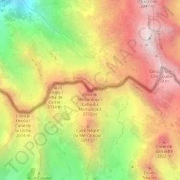 Mappa topografica Cime du Mercantour, altitudine, rilievo