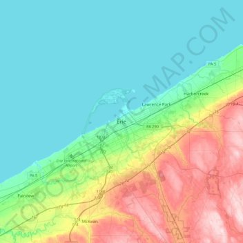 Mappa topografica Erie, altitudine, rilievo